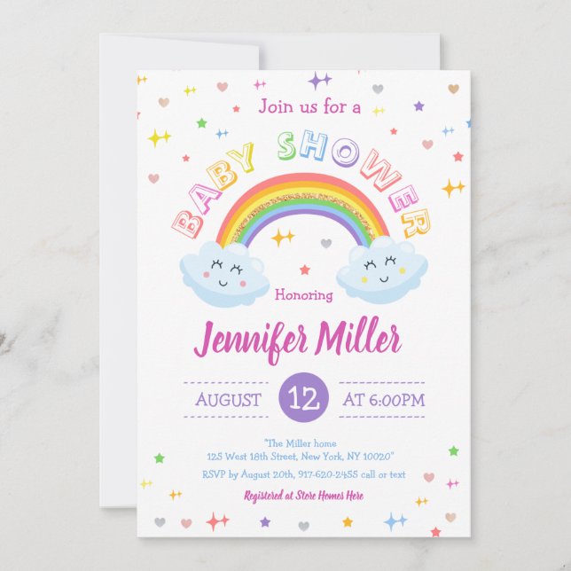 Cute Glitter Rainbow Colourful Clouds Baby Shower Invitation (Front)