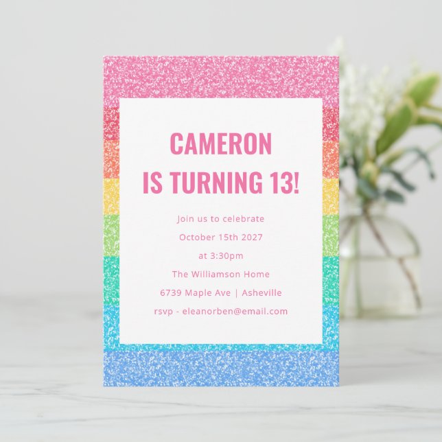 Cute Glitter Rainbow Stripes Colourful Birthday Invitation (Standing Front)
