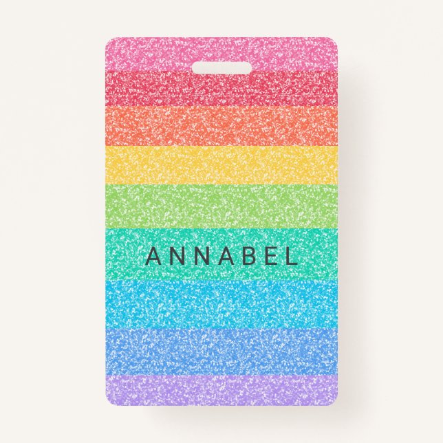 Cute Glitter Rainbow Stripes Colourful Custom Name ID Badge (Front)