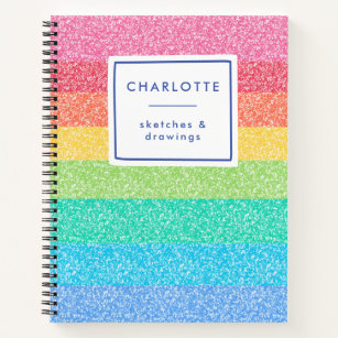 Cute Glitter Rainbow Stripes Colourful Name Sketch Notebook