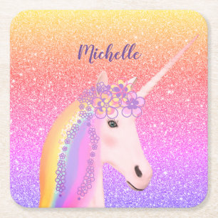 Cute Glitter Rainbow Unicorn Fantasy Personalised Square Paper Coaster