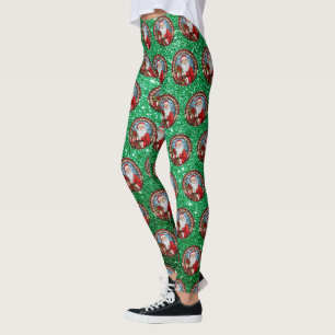 Cute Glitter Santa Graphic Christmas Green Leggings