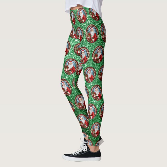 Cute Glitter Santa Green Christmas Leggings (Left)