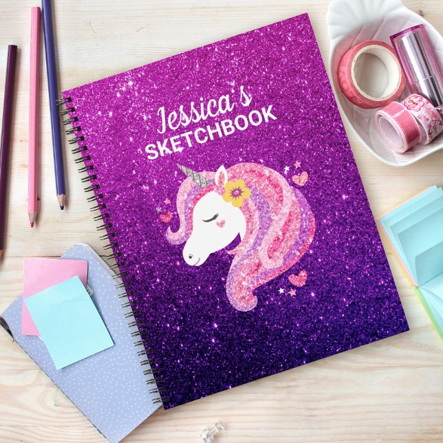 Cute Glitter Unicorn Artist Sketchbook Notebook (Purple glitter unicorn Sketchbook. Personalize it your name.)