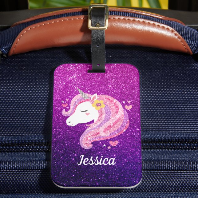 Cute Glitter Unicorn Luggage Tag (Front Insitu 2)