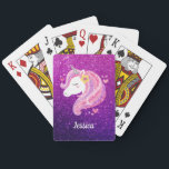 Cute Glitter Unicorn Playing Cards<br><div class="desc">Cute pink and purple glitter unicorn face playing cards. Makes such a fun gift for a girl. Personalise it with your girl's name. Designed for you by Blackberry Boulevard.</div>
