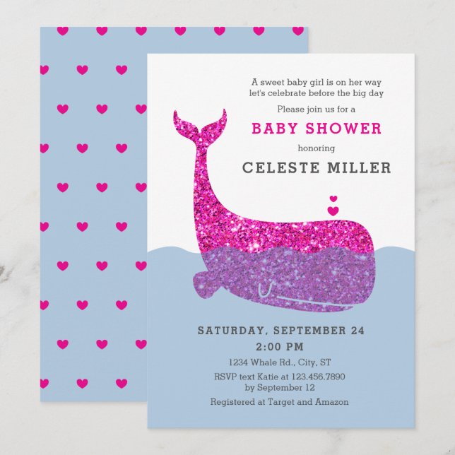 Cute Glitter Whale Baby Shower Invitation (Front/Back)