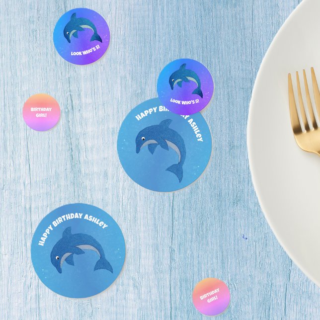 Cute Glittery blue Dolphins Purples Pinks Birthday Confetti (Sparkle jumping blue white jumping dolphins on blues, purples, pinks table party confetti.)