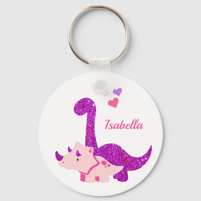 Cute Glittery Dinosaur Purple Personalised  Key Ring (Front)
