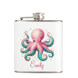 Cute Glittery Octopus Custom Monogram Hip Flask