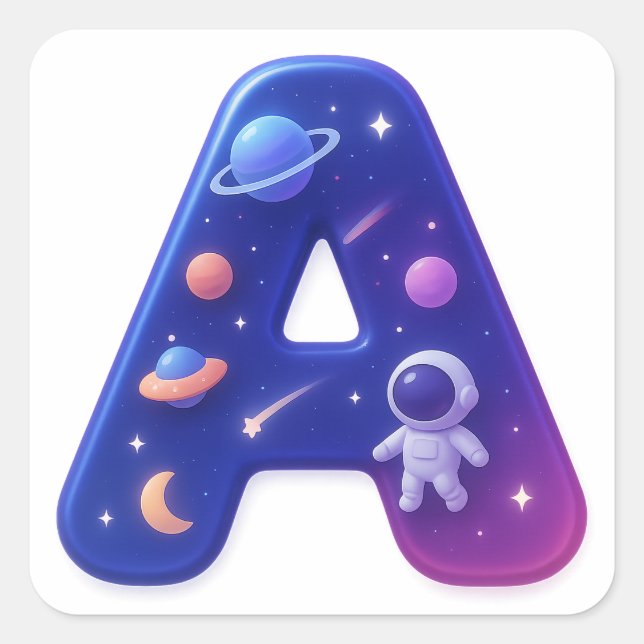 Cute Glossy Space Alphabet Letter A – Galaxy Theme Square Sticker (Front)