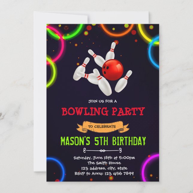 Cute glow bowling party invitation (Front)