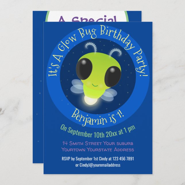 Cute glow bug firefly cartoon illustration invitation (Front/Back)
