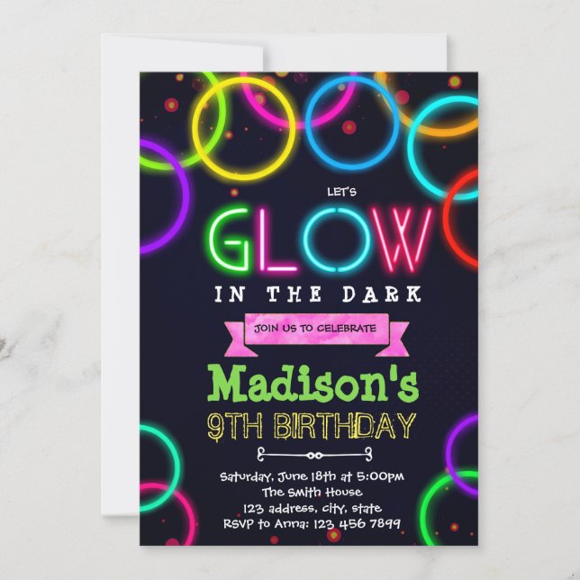 Cute glow party birthday invitation (Front)