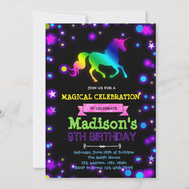 Cute glow unicorn party birthday invitation (Front)