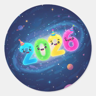 Cute glowing 2026 numbers with party in galaxy classic round sticker