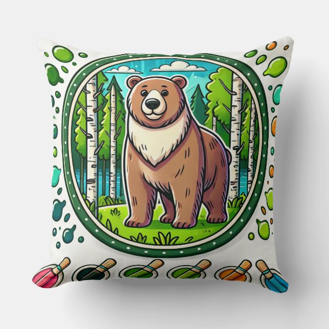 Cute Glowing Bear Illustration with Forest Cushion (Front)