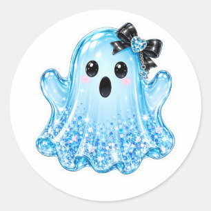 Cute Glowing Ghost with Black Bow Vinyl Classic Round Sticker
