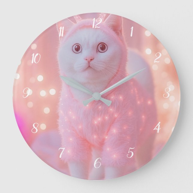 Cute Glowing Reindeer Kitty Winter Fantasy         Large Clock (Front)
