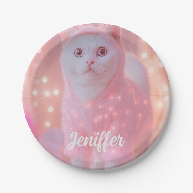 Cute Glowing Reindeer Kitty Winter Fantasy         Paper Plate (Front)
