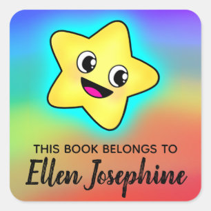Cute Glowing Star in Rainbow Colours Bookplate Square Sticker