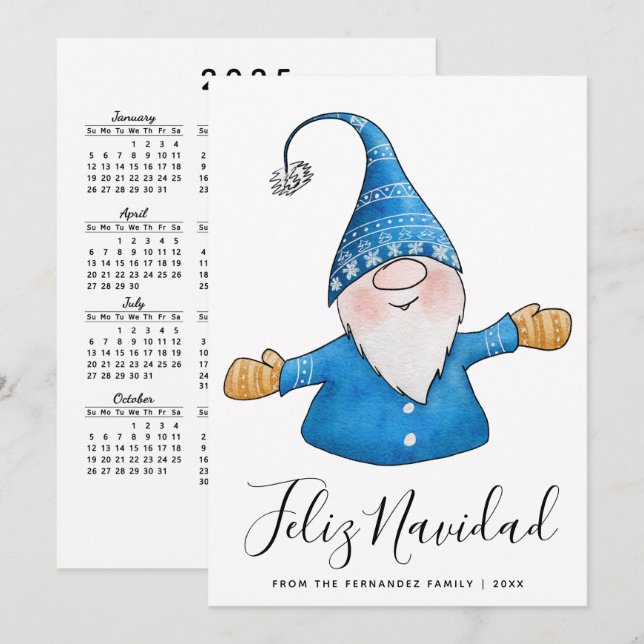 Cute Gnome 2025 Calendar Feliz Navidad Christmas Holiday Card (Front/Back)