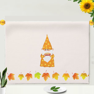 Cute Gnome and Autumn Leaves on Beige Tea Towel