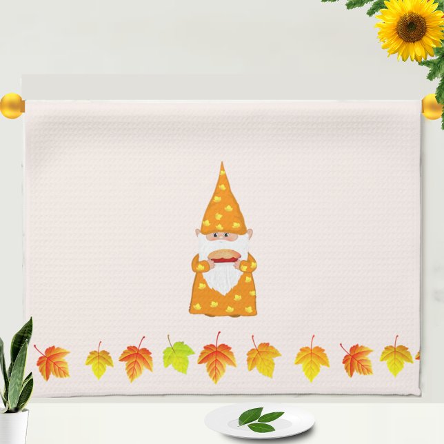 Cute Gnome and Autumn Leaves on Beige Tea Towel (Creator Uploaded)