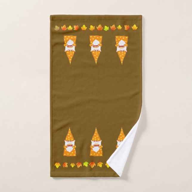 Cute Gnome and Autumn Leaves on Brown Hand Towel (Hand Towel)