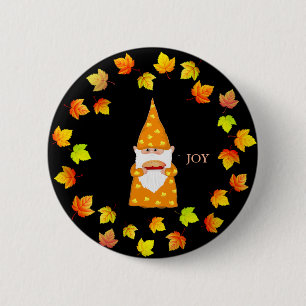 Cute Gnome and Holiday Fall Leaves on Black 6 Cm Round Badge