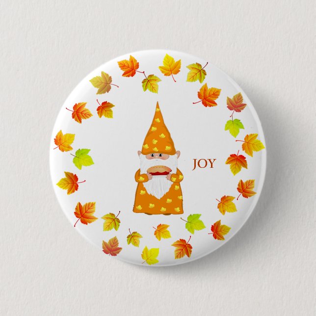 Cute Gnome and Holiday Fall Leaves on White 6 Cm Round Badge (Front)