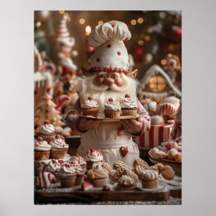 Cute gnome baker surrounded by cakes and treats poster