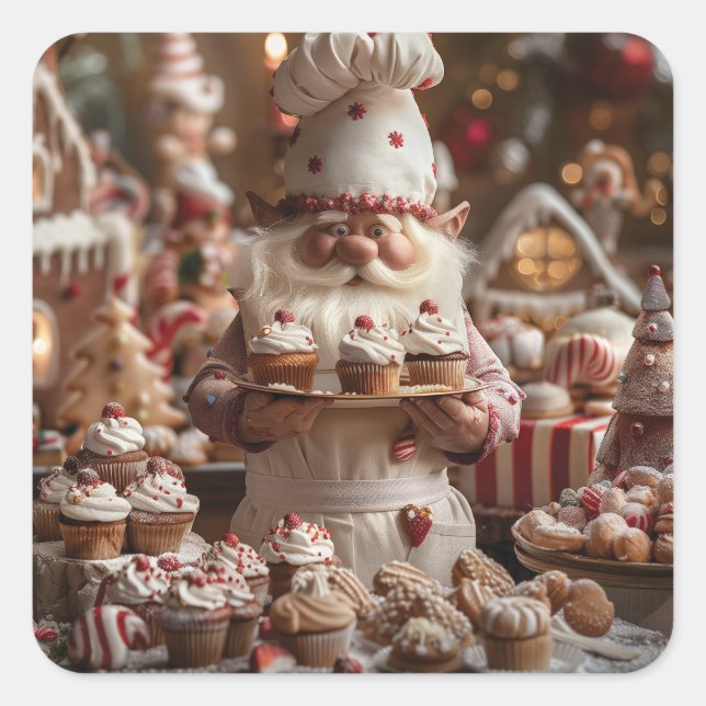 Cute gnome baker surrounded by cakes and treats square sticker (Front)
