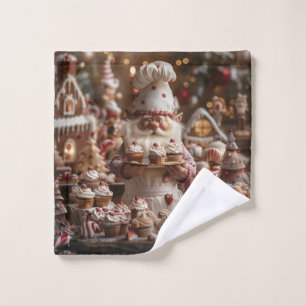 Cute gnome baker surrounded by cakes and treats wash cloth