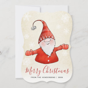Cute Gnome Beige Red Merry Christmas Holiday Card
