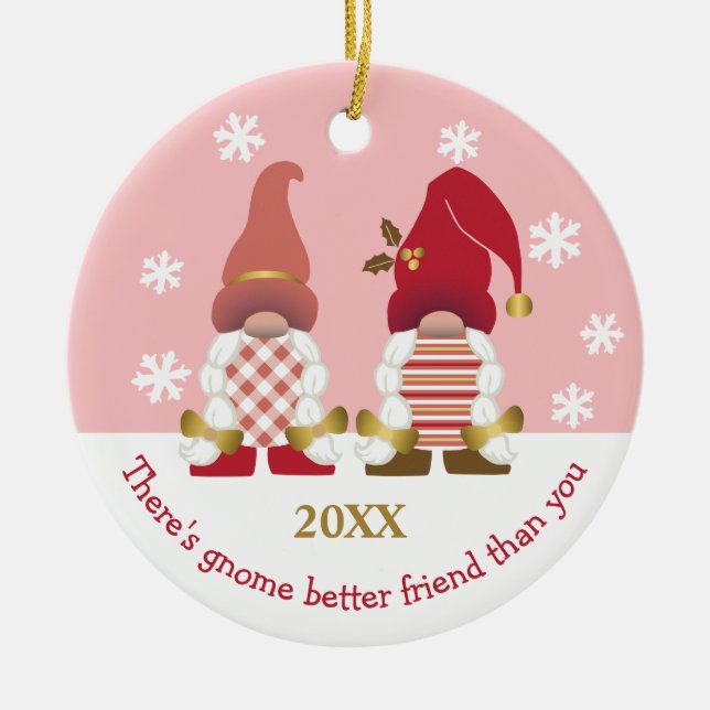 Cute Gnome Better Friend Gold Pink White Gingham Ceramic Tree Decoration (Front)
