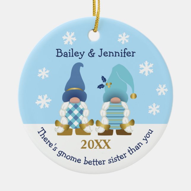 Cute Gnome Better Sister Gold Blue White Gingham Ceramic Tree Decoration (Front)