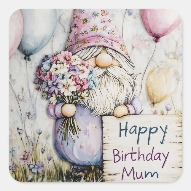 Cute Gnome Birthday Design for Mum Square Sticker (Front)