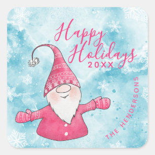 Cute Gnome Blue Pink Happy Holidays Christmas Square Sticker
