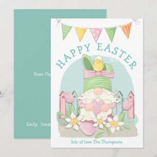 Cute Gnome Bunny Chick Florals Teal Happy Easter Holiday Card