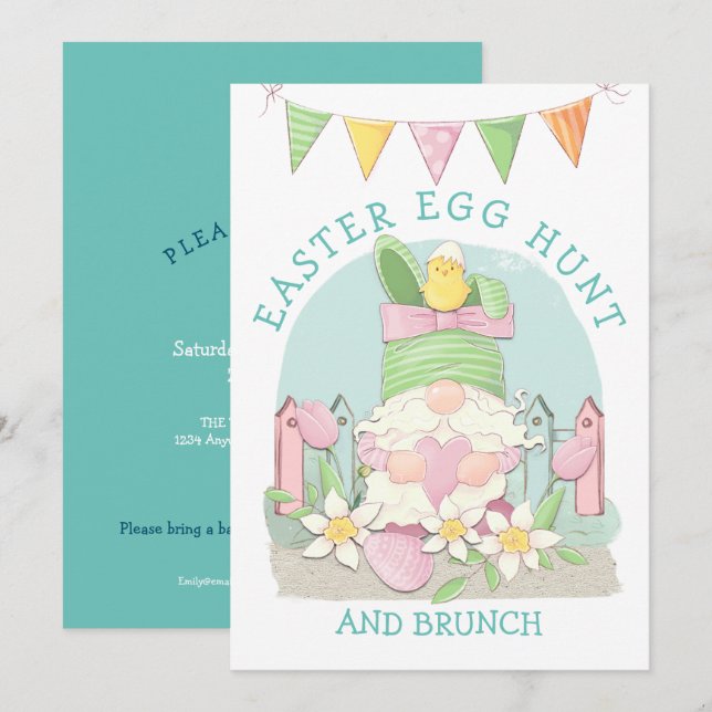 Cute Gnome Bunny Easter Egg Hunt invitation (Front/Back)