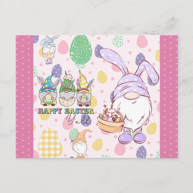 Cute Gnome Bunny Happy Easter Pink Postcard (Front)