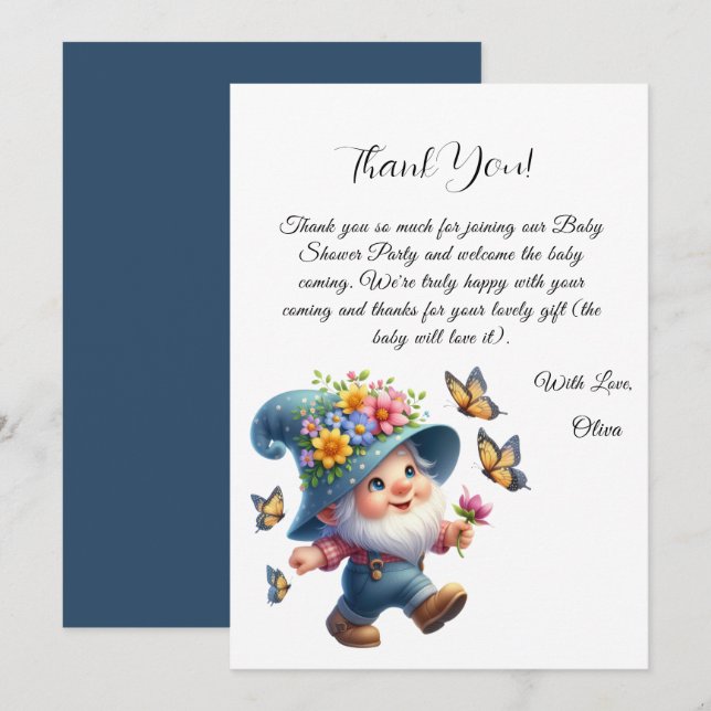 Cute Gnome & Butterfly Baby Shower Thank You Card (Front/Back)