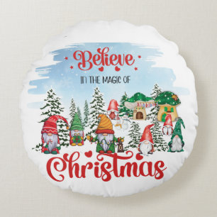 Cute Gnome Celebrating Christmas Holiday Round Cushion