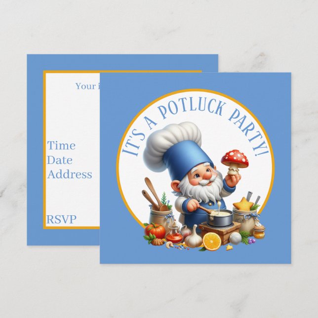 Cute gnome chef potluck party invitation (Front/Back)