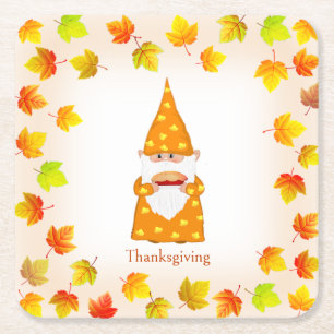Cute Gnome & Colourful Fall Leaves Square Paper Coaster