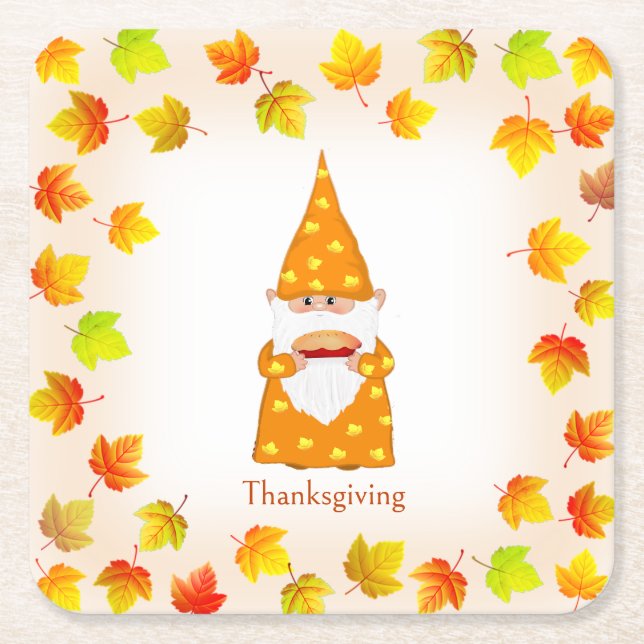 Cute Gnome & Colourful Fall Leaves Square Paper Coaster (Front)