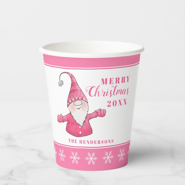 Cute Gnome Custom White and Pink Christmas Paper Cups (Front)