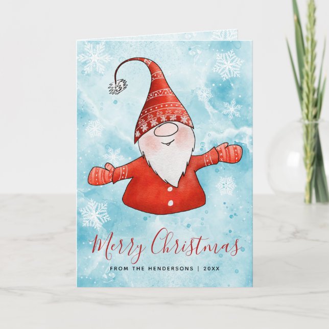 Cute Gnome Elegant Blue Red Merry Christmas Holiday Card (Front)
