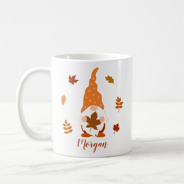 Cute Gnome Fall Custom Name Falling Leaves Coffee Mug (Left)
